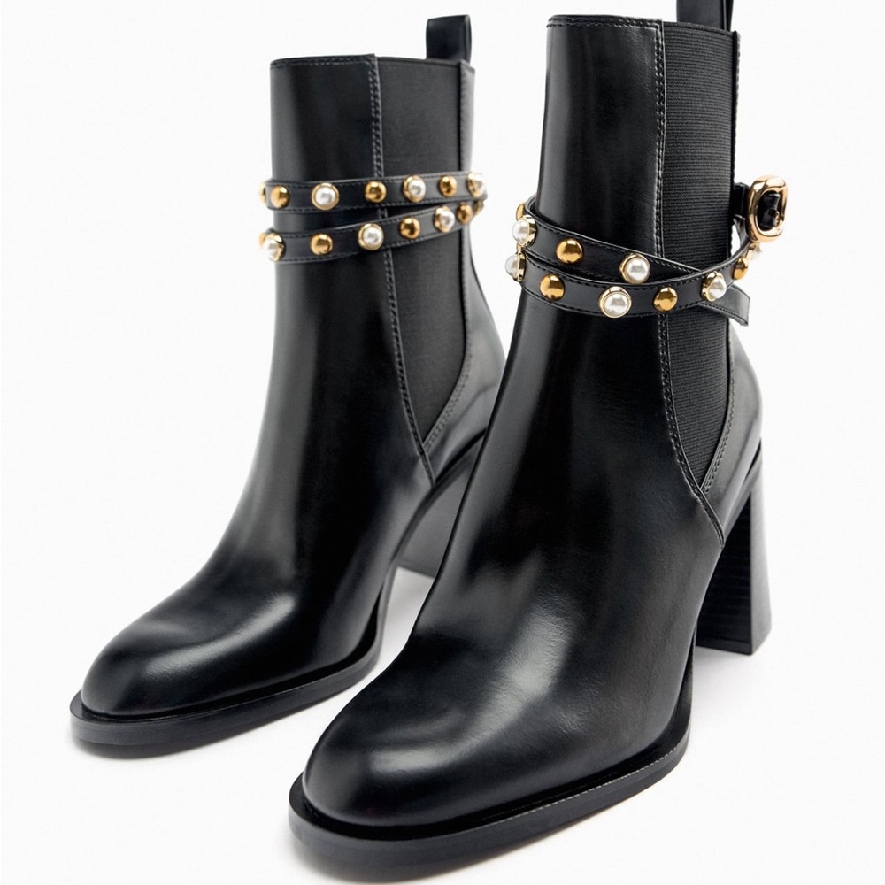 Black Zara pearl block heel ankle boots. Never worn. Tags still on.